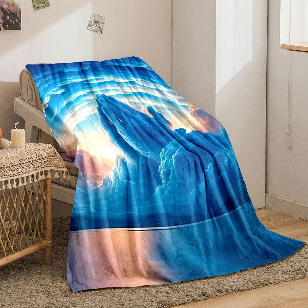 Praying Hands Cloudy Sky Blanket  Printed Blanket for Living Room Bed Couch Lunch Break Soft Cozy Blanket for Friend's Festival Gift