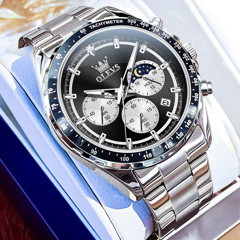 OLEVS Quartz Moon Watch for Metal Black Men's Watch, Popular, Business, Student, Phase, Chronograph, Men, Gift, Luminous, Waterproof, Date, Band,