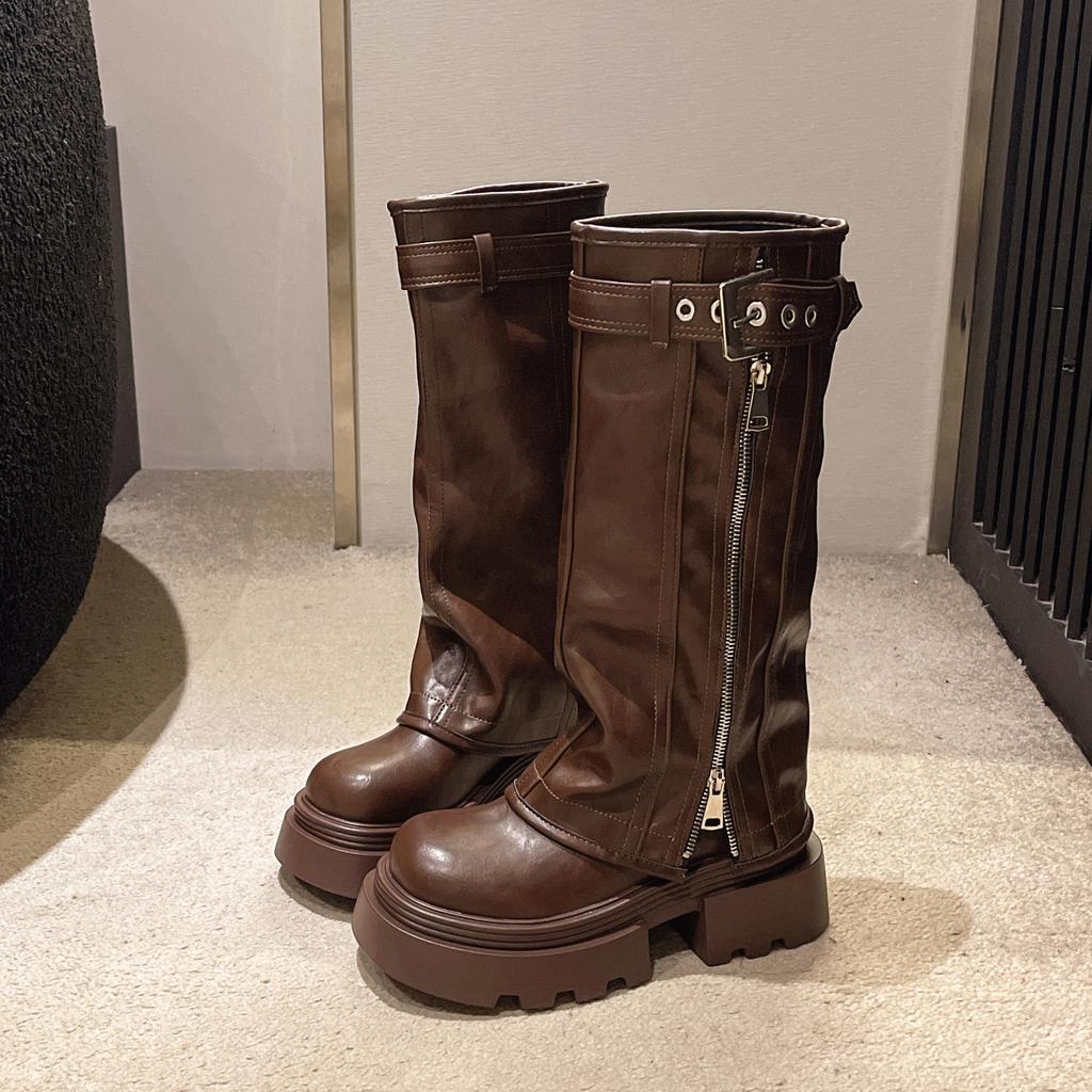 Winter Punk Platform Women Knight Boots Fashion Belt Buckle Height Increase Shoes Ladies Concise Platform Long Pipe Booties