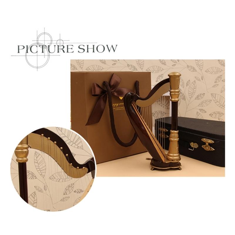 Wooden Miniature Harp Model with Black Gift Case Musical Instrument Model Musical Gifts Ornaments Decorations