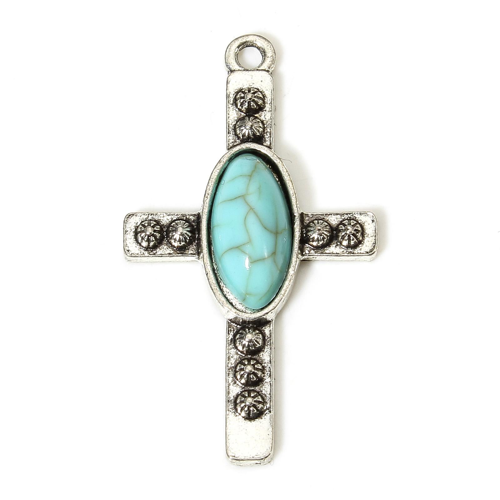 

5 PCs Zinc Based Alloy Bohemia Charms Pendants Antique Silver Color Cross With Resin Cabochons Imitation Turquoise Pendants