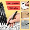 Dual Tip Art Markers, Fine & Broad Point Black Ink Pens, Water-Based Quick-Dry For Drawing, Sketching, Marking