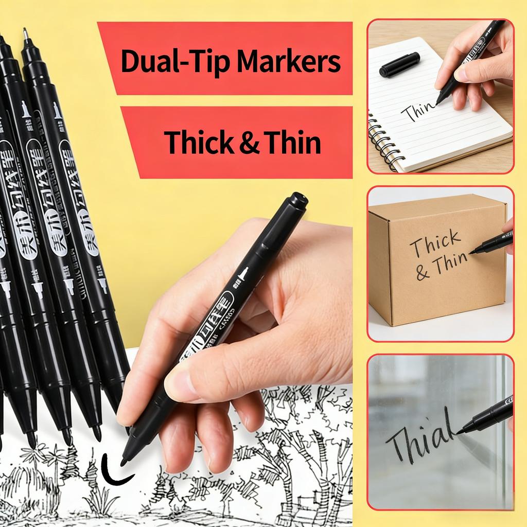 Dual Tip Art Markers, Fine & Broad Point Black Ink Pens, Water-Based Quick-Dry For Drawing, Sketching, Marking