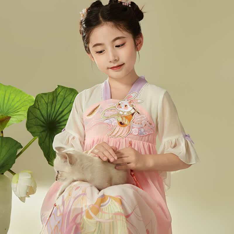 Girls' Hanfu Style Summer Dress with Jade Rabbit