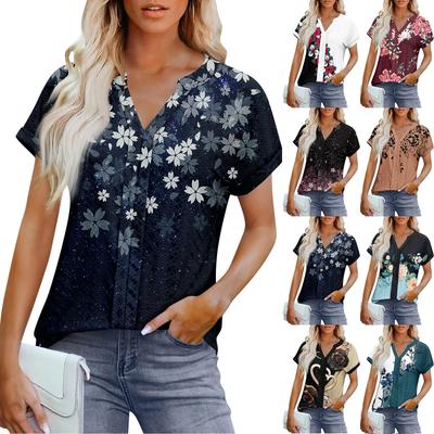 Damen Tops Kurzarm V T-Shirt Bluse Elegant Casual Druck Ösen Stickerei Sommermode Kleidung