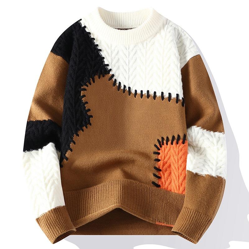 Autumn Winter Warm Mens Sweaters Fashion Patchwork Pullovers O-Neck Knitted Casual Sweater Men