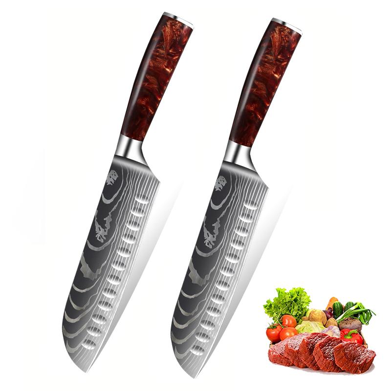 7inch Damascus Pattern Kitchen Knives Japanese Santoku Knife Meat Cleaver Fruit Slicing Knife Utility Knives Red Resin Handle