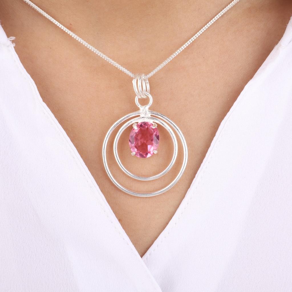 Pietra Preziosa Tormalina Rosa Argento Sterling 925 Gioiello Regalo di Matrimonio Ciondolo 1,65" PP-61-9