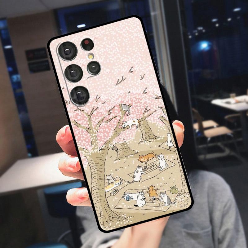 Japanese Cat Drink Pattern Case For Samsung Galaxy S23 Ultra S22 Ultra S20 FE S21 FE Note 10 20 S8 S9 S10 Plus Cover