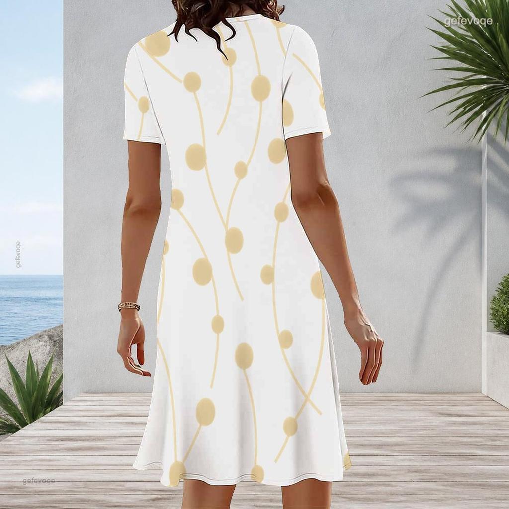 Women Plus Size Round Neck Short Sleeve Black Green Gold Printed A Line Midi Dress