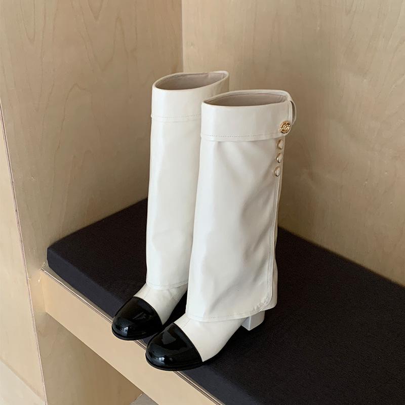 French Xiaoxiangfeng Round Head Color Matching Knight Boots Versatile Thick Heel High Boots Leather But Knee Boots Women's Pants Tube Boots