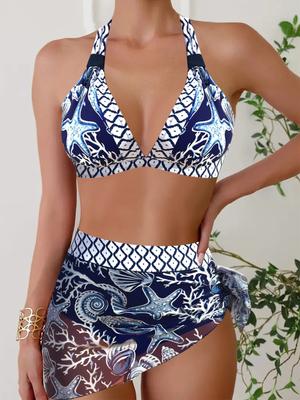 Damen Casual Fashion Urlaub Badeanzug Zweiteiliges Set, Sommer Strand Retro Seestern Strand Bikini S-6XL