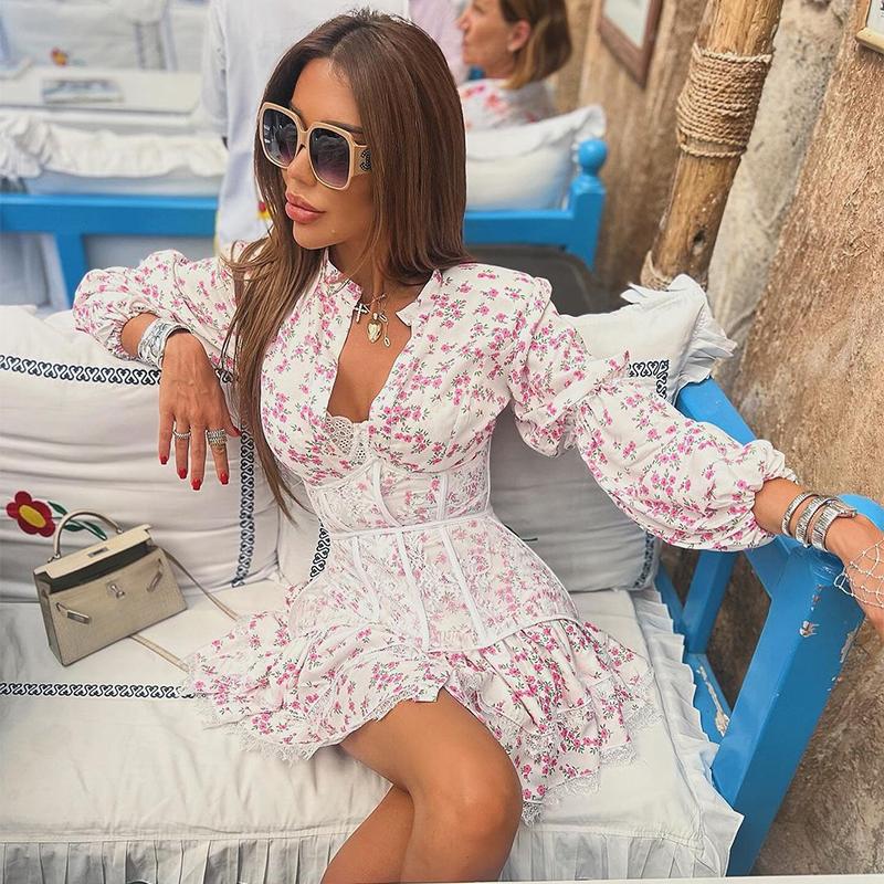 Rochie florală cu mânecă lungă, cu decolteu în V adânc, imprimeu, pentru femei, dantelă, mozaic, talie înaltă, mini rochii subțiri, pentru femei, la modă de stradă, la petrecere, rochie elegantă de vacanță