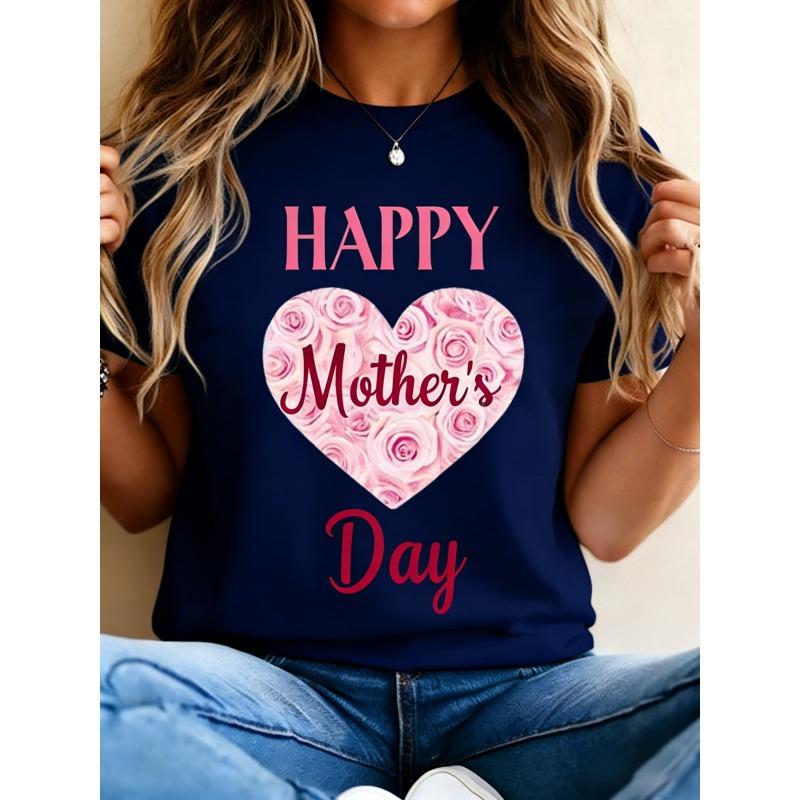 Happy Mother'S Day Floral Heart Print. Women'S Summer White Crew Neck Short Sleeve T-Shirt, Breathable Casual Short Sleeve Tee.