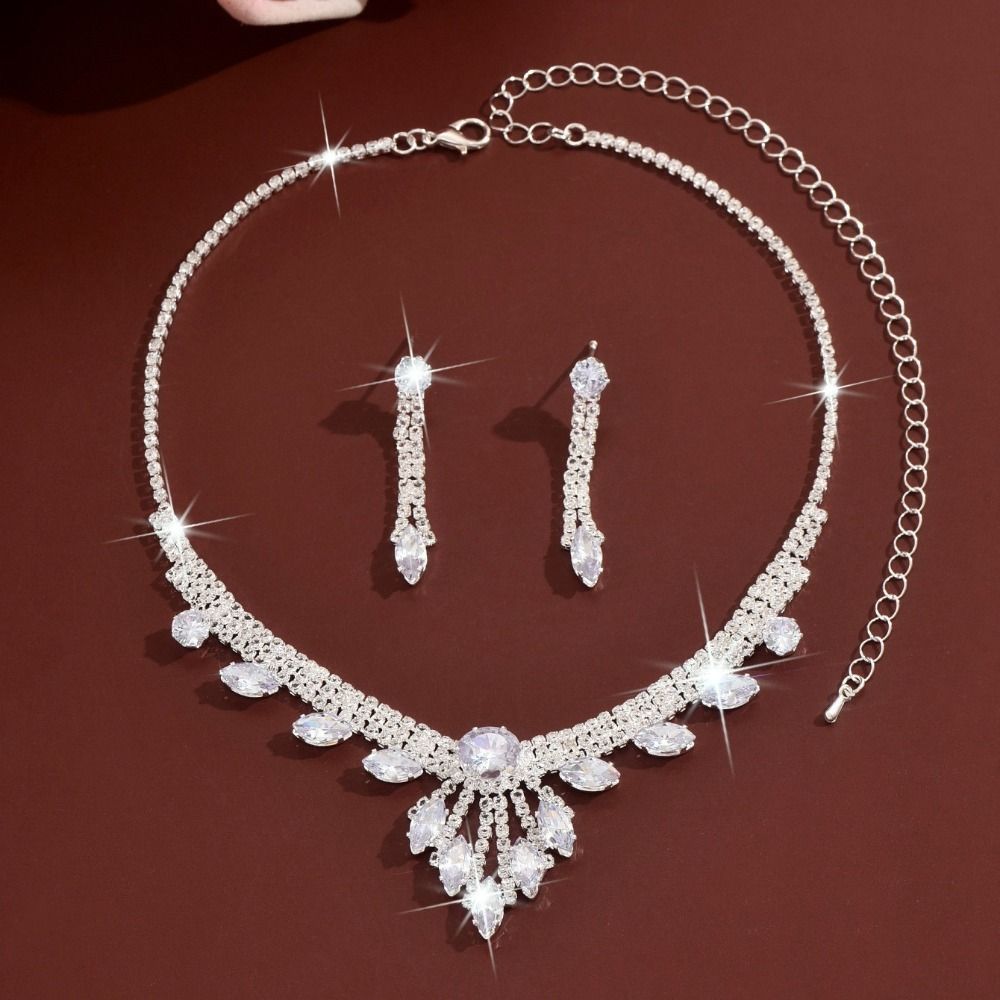 Fashion Stud Earrings Collarbone Chain Set Rhinestones Inlaid Bridal Wedding Jewelry  Engagements