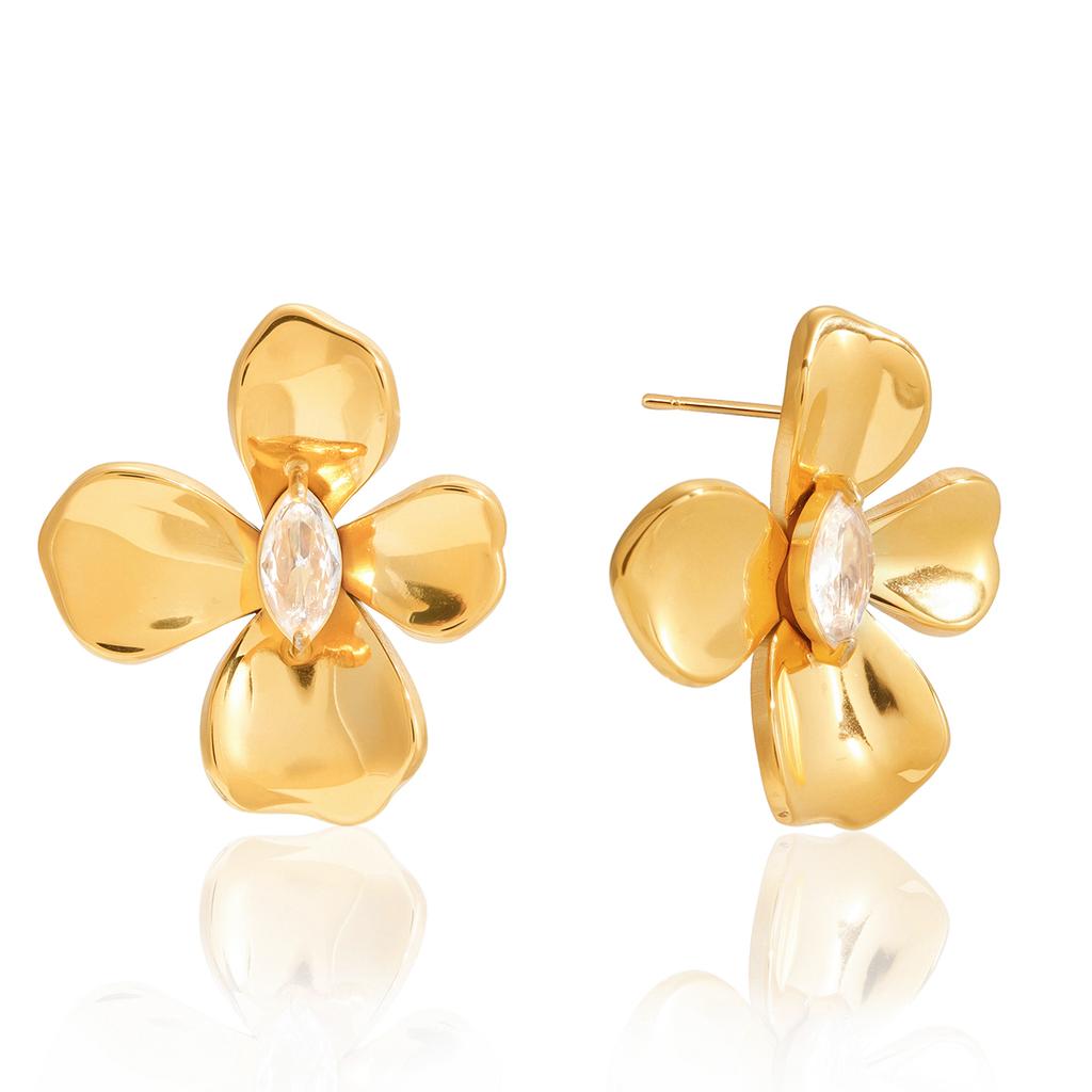 Delicate Shiny Cubic Zirconia Four-petal Flower Stud Earrings 18K Gold Color PVD Plated Stainless Steel Jewelry Gift