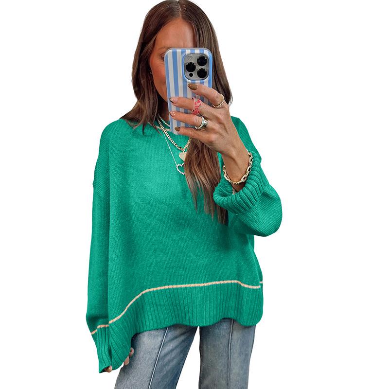 European American Color Block Round Neck Pullover Sweater - Casual, Versatile Autumn Wear for Women