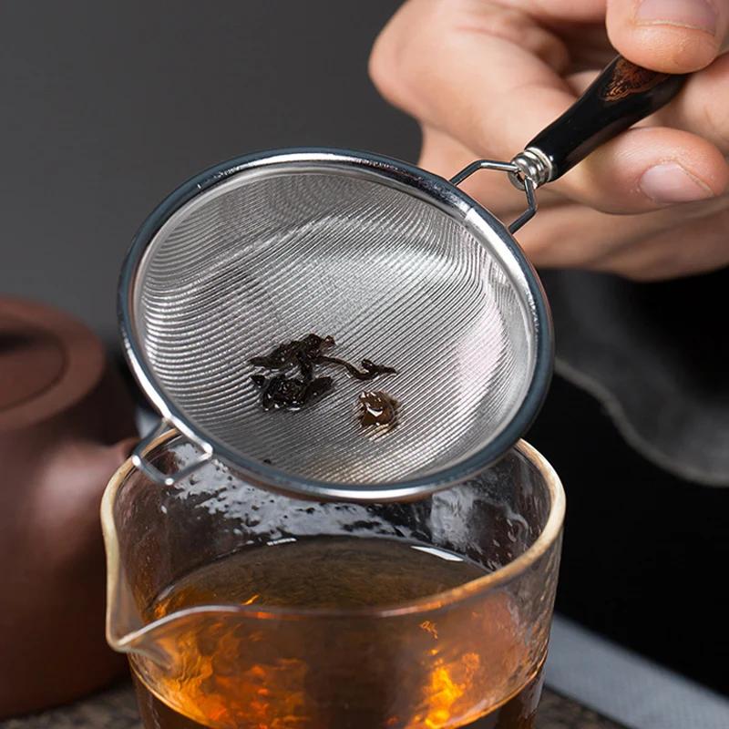 Vintage Tea Strainer Stainless Steel Dual Mesh Tea Strainer Filter Ceramic Handle Loose Leaf Tea Infuser Gongfu Tea Accessories
