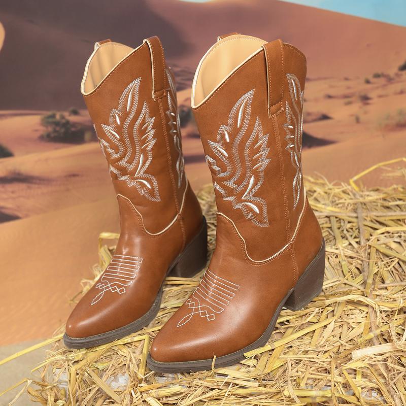 Brand Design Ethnic Embroidery Riding Boots Women 2025 Sexy Pointed Toe Medium Heel Mid Calf Western Boots Shoes Women