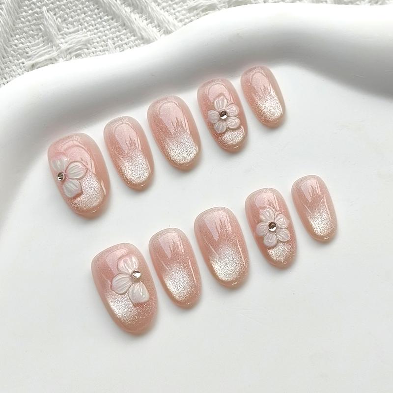 10Pcs Summer Cute Flower Cat Eye Nail Stickers Shiny Versatile Detachable Fake Nails