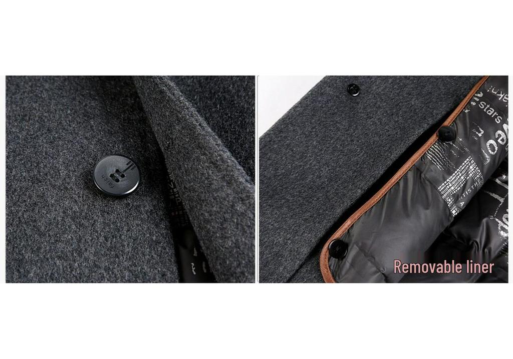 Men's Cashmere Winter Coat with Detachable Down Liner - Thick Wool Double-Faced Cloth for Business Casual.