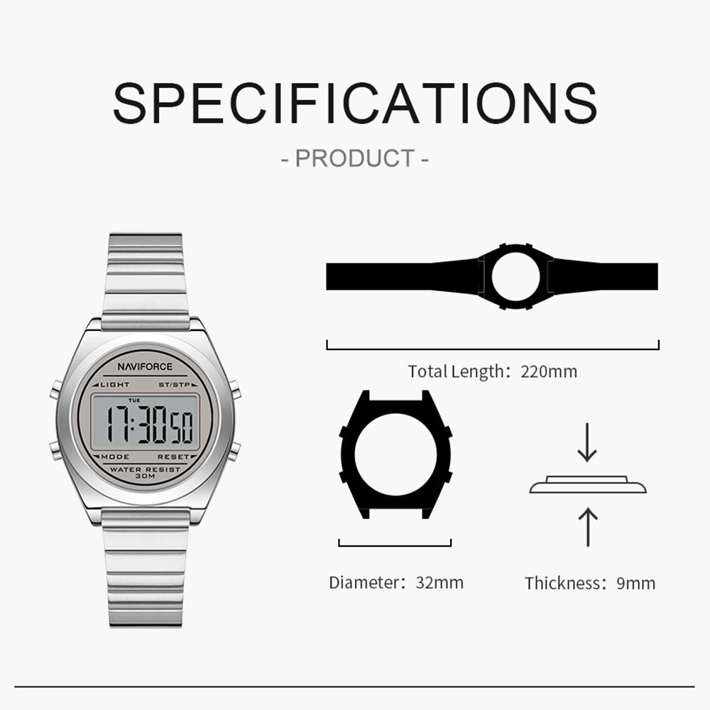 Naviforce Original Women Digital Watch Stainless Steel Strap Waterproof Calendar Chronograph Night Pattern Lady Girl Casual Fashion Watch NF5066