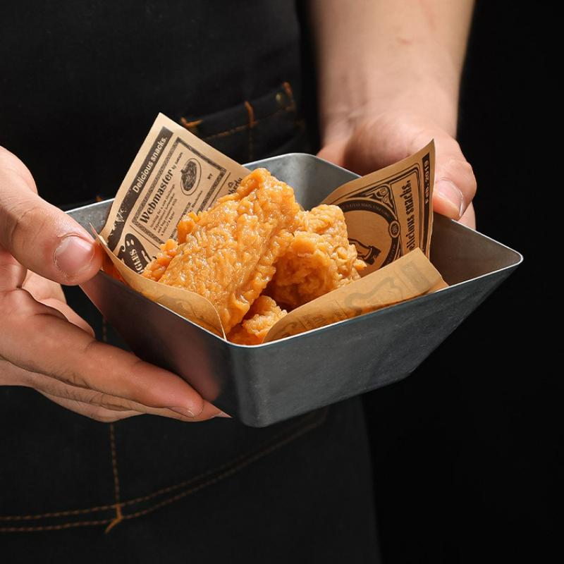 Vintage Stainless Steel Dipping Sauce Bowl Salad Ketchup French Fries Cup Home Restaurant Kitchen Square Snack Tray Tableware