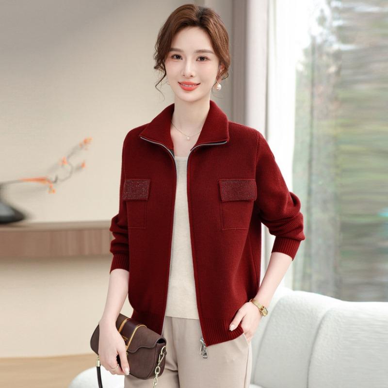 Middle-aged and old women's lapel-neck knitted sweater cardigan women's new mother spring and autumn fashion coat