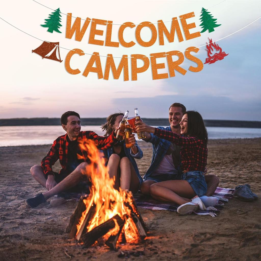 Welcome Campers Banner - Camping Theme Birthday Bachelorette Party Decor, Family Camp Day Party Decor, Forest Adventure Baby Shower Decorations
