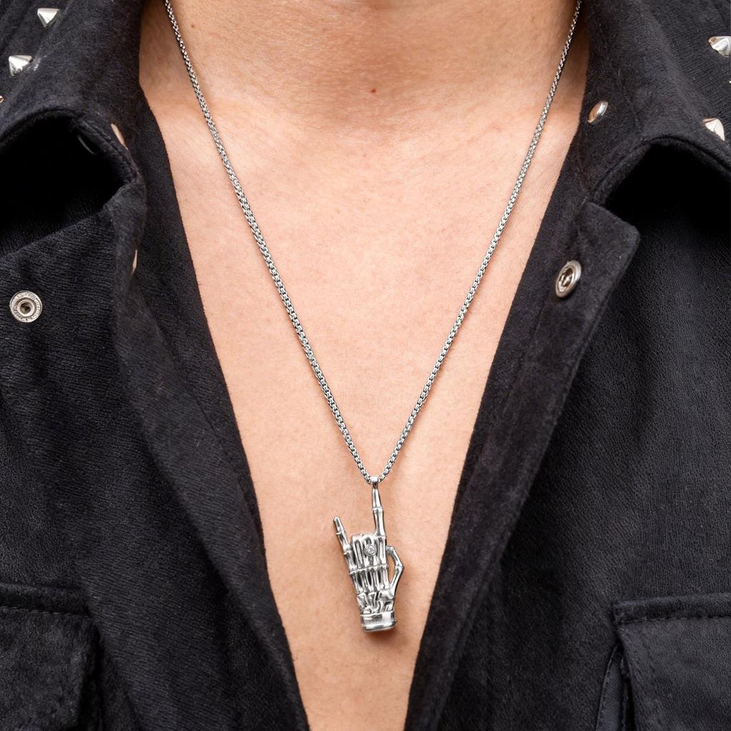 Vnox Bone Rock Hand Gesture Pendant Necklaces, Gothic Punk Music Jewelry, Men's Silver Color Stainless Steel Box Chain Necklace