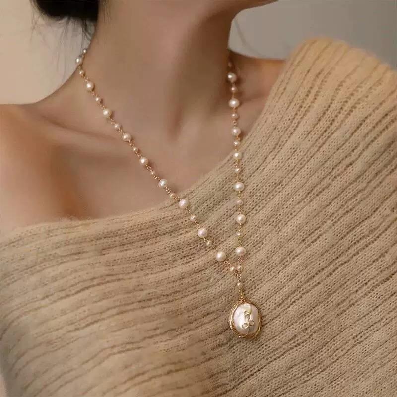 High Quality Natural Baroque Pearl Necklace for Women, Hand-Weave Long Sweater Chain L