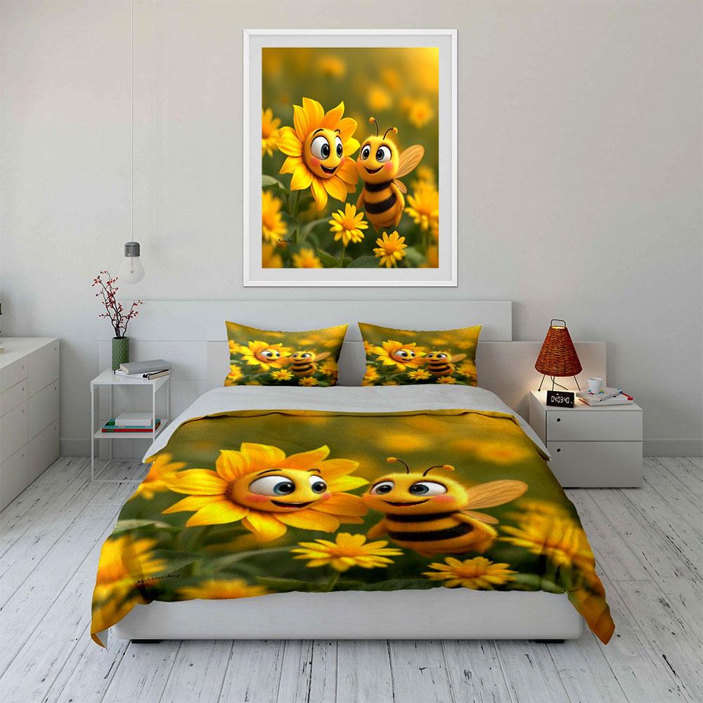 Set Decorazione Ape Cartone Animato Carino Diverse Misure per Camera da Letto di Bambini e Adulti Squisito Set Biancheria da Letto 3 Pezzi, Regalo
