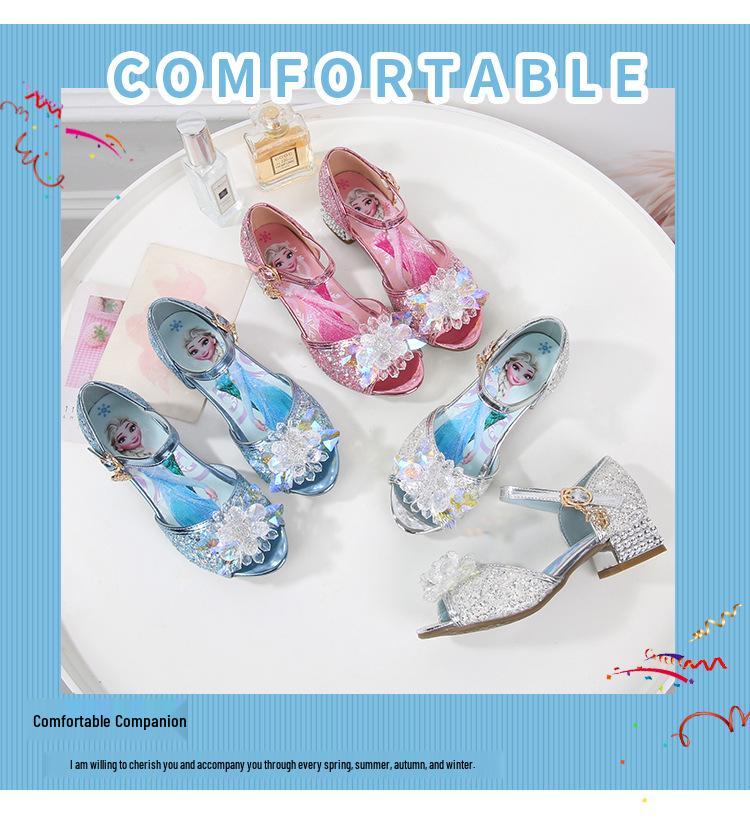 Girls' Crystal High-Heeled Sandals - Elsa Princess Style for Summer 2024