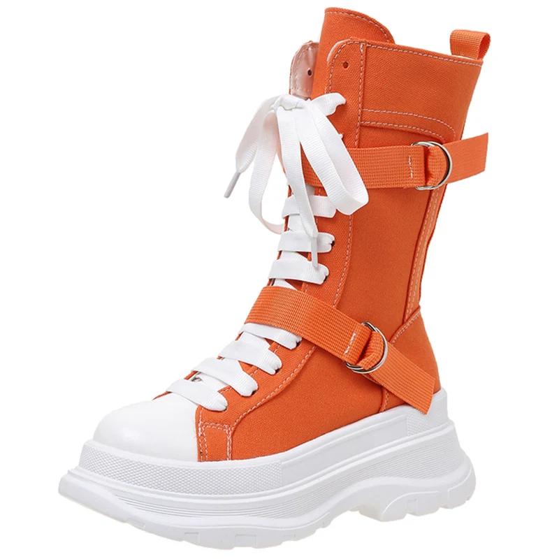 Fashion Chunky Platform Orange Canvas Shoes Women 2025 Autumn Thick Bottom Lace Up Ankle Boots Brand Design Y2K Woman's Motorcycle Boots