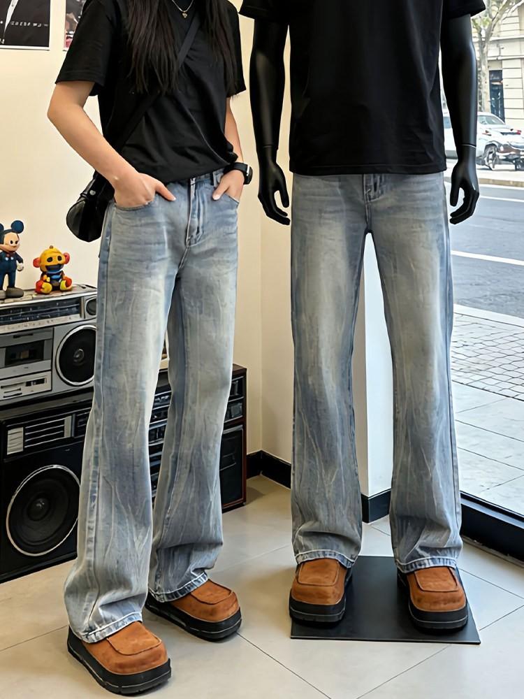 Spring new retro straight loose jeans men's vibe washed cat whiskers mid-waist non-elastic cotton Xintang