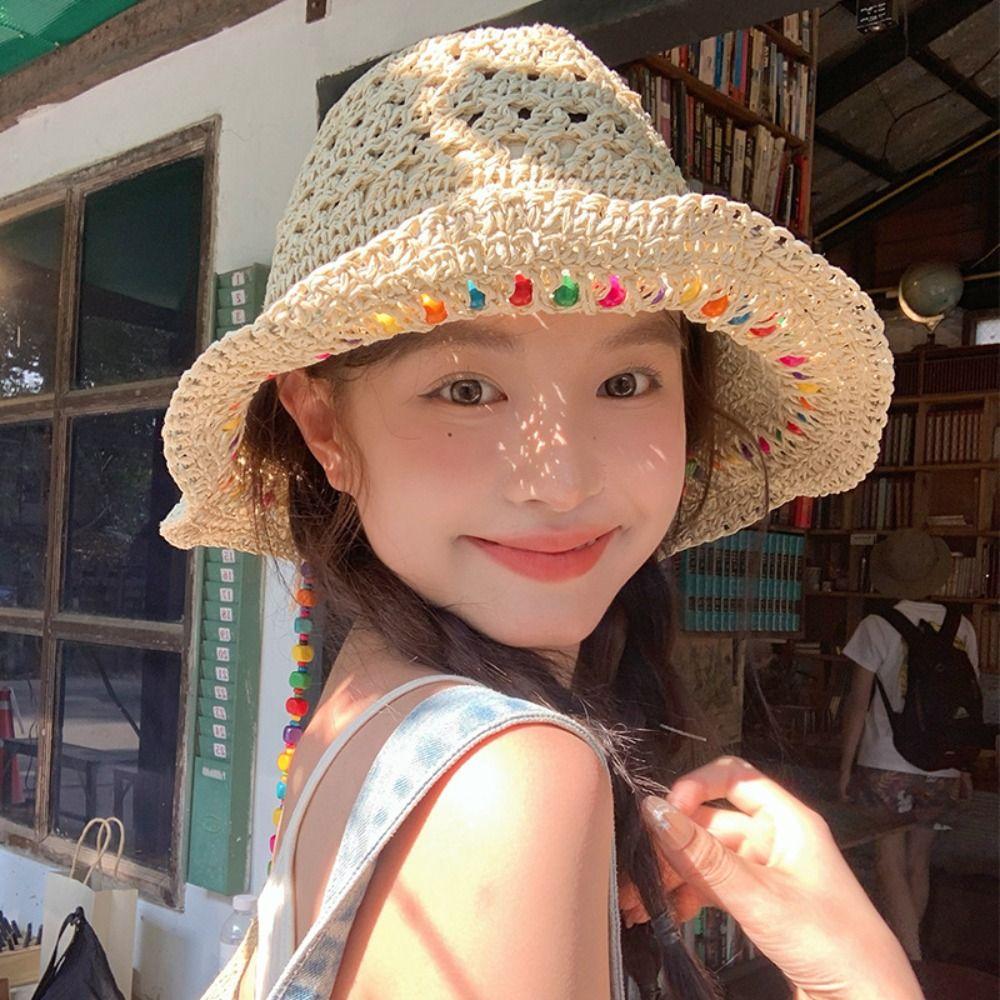 Foldable Lace Brim Sunshade Cap Breathable Sun Protection Cap Casual Colorful Straw Hat  Outdoor