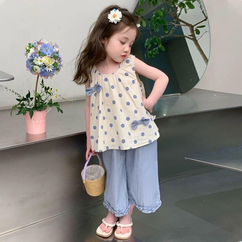 Summer Girls Cotton Polka Dot Bow Vest And Wide Leg Pants Two Piece Set