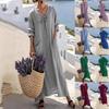 2026 European and American New Women's Clothing, Casual V-neck Long-sleeved Loose Cotton and Linen Solid Color Women's Dress