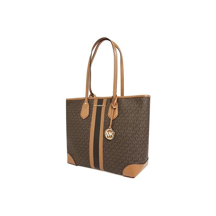 Michael Kors Eva Monogram Logo Stripe Color Block Coated Canvas Tote Bag Women Tote Apple-Brown 30T9GV0T7B-252