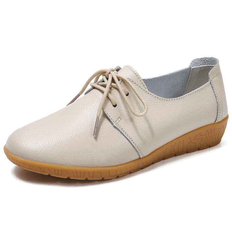 Spring New Genuine Leather Women's Shoes Lace-up Wedge Casual White Shoes Women's Soft Sole Work Shoes Round Toe Non-slip Single Shoes Women