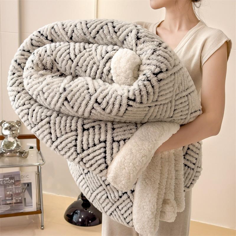 Soft Plush Double-Layer Blanket With Jacquard Winter Warmth Office Nap Bed Use