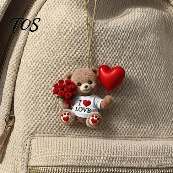Acrylic Hanging Ornament Teddy Bear Ornament, Holding Heart Balloon Red Rose Bouquet Decoration, Anniversary Surprise Gift Car Rearview Mirror 2D Flat