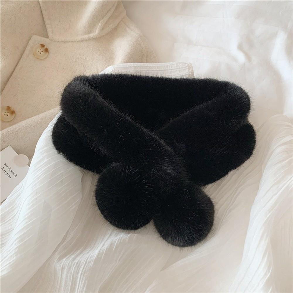 Casual Fluffy Pompom Women Winter Scarf Thick Warm Cross Neck Scarf Windproof Soft Shawl Scarves чёрный
