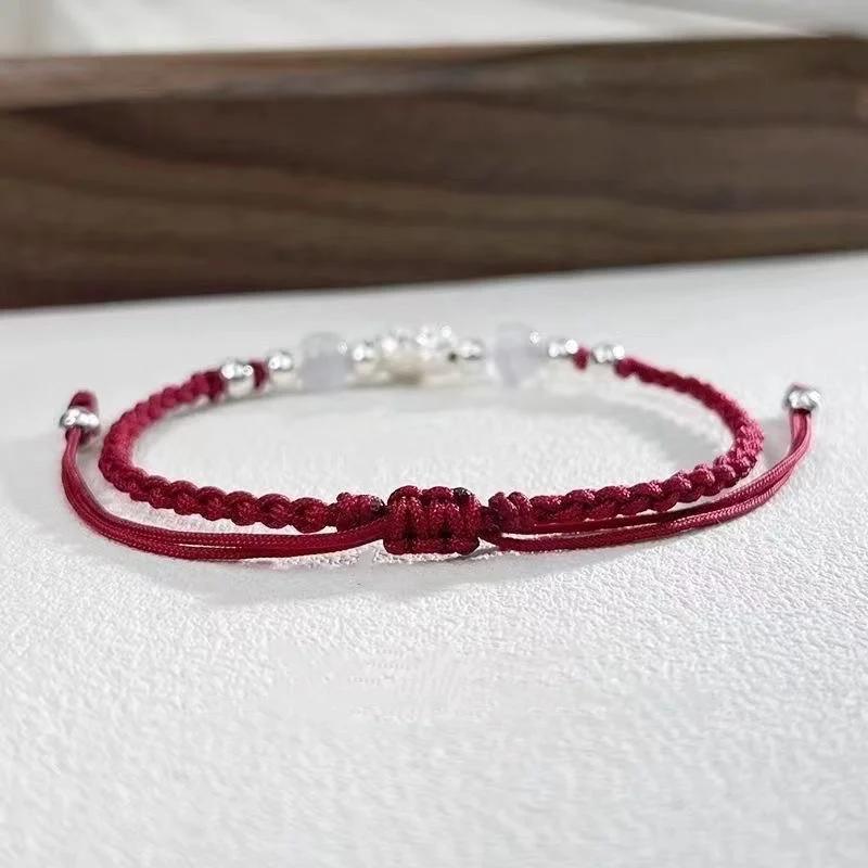 Vintage Handmade Chinese Style Braid Bracelet for Women Fashion Lotus Flower Beaded Bracelet Jewelry Adjustable Gifts