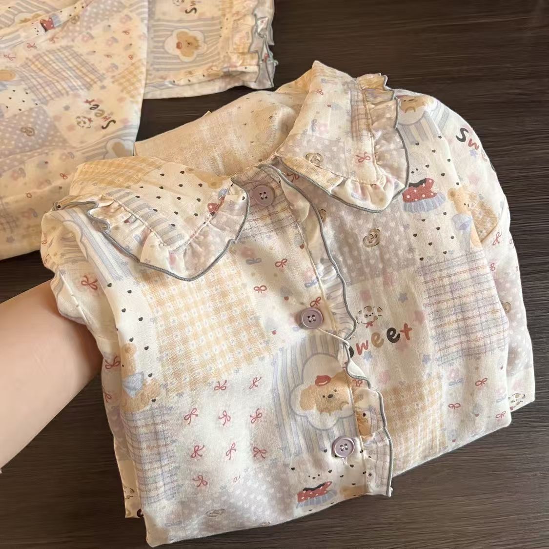 

Casual lazy style plaid bear girl pajamas spring and autumn cardigan lace double long two-piece set women s loungewear XXL