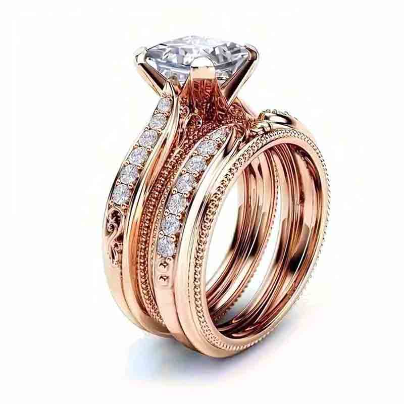 Noble Women Set Rings Rose Gold Color Temperament Elegant Lady Accessories Wedding Anniversary Party Luxury CZ Jewelry
