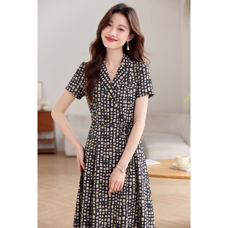 Sanpowa Women's Plaid V-Neck Short Sleeve Mid-Length Dress