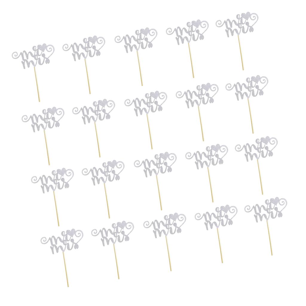 20pcs/set Glitter Paper Wedding Mr & Mrs Heart Cake Cupcake Topper Pick Decor for Wedding Party Anniversary Accessories