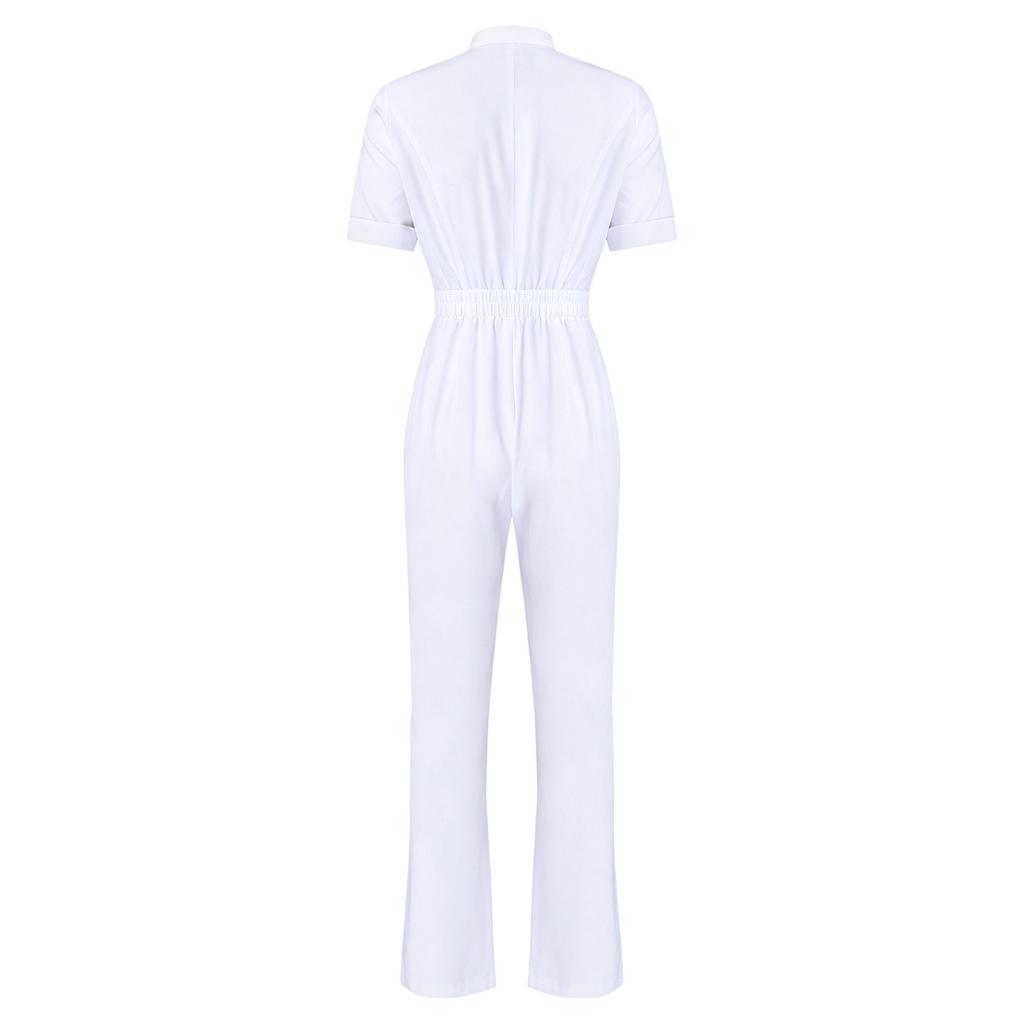 Women Color Block Scrub Romper Short Sleeve Front Zipper Straight Leg Jumpsuit Medical Workwear for Doctor Nurse Salon