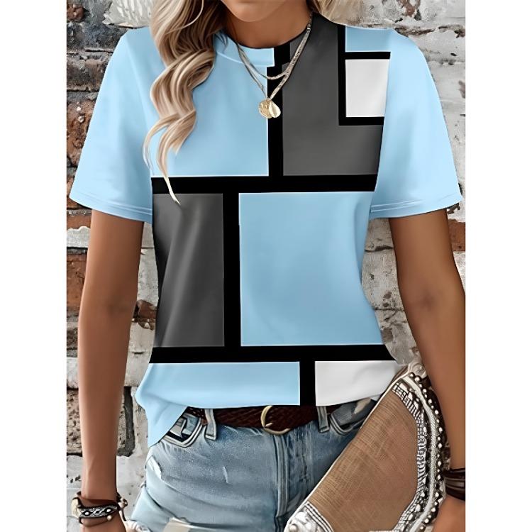 Women's Fashion Plaid Color Block T Shirt Round Neck Short Sleeve Tee Pink Blue Purple Print Regular Fit Summer Daily Going Out